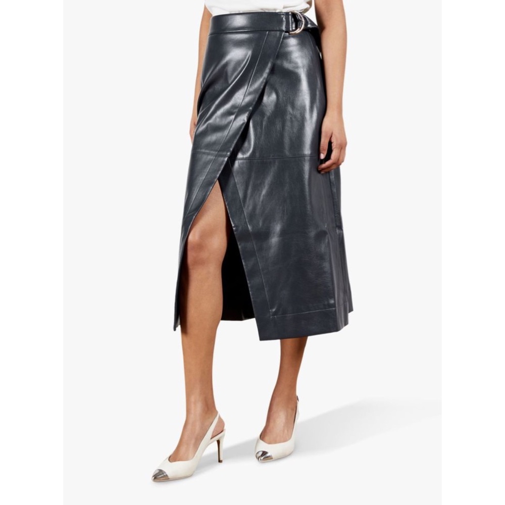 Ted Baker Elii Faux Leather Midi Wrap Skirt in Navy Blue - Picture 3 of 13